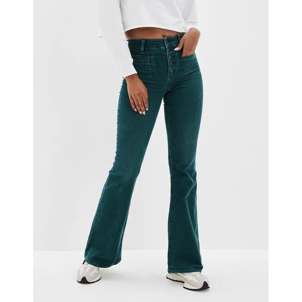 American Eagle Green Corduroy Stretch Super High Waisted Boho Flare Pants Size 4